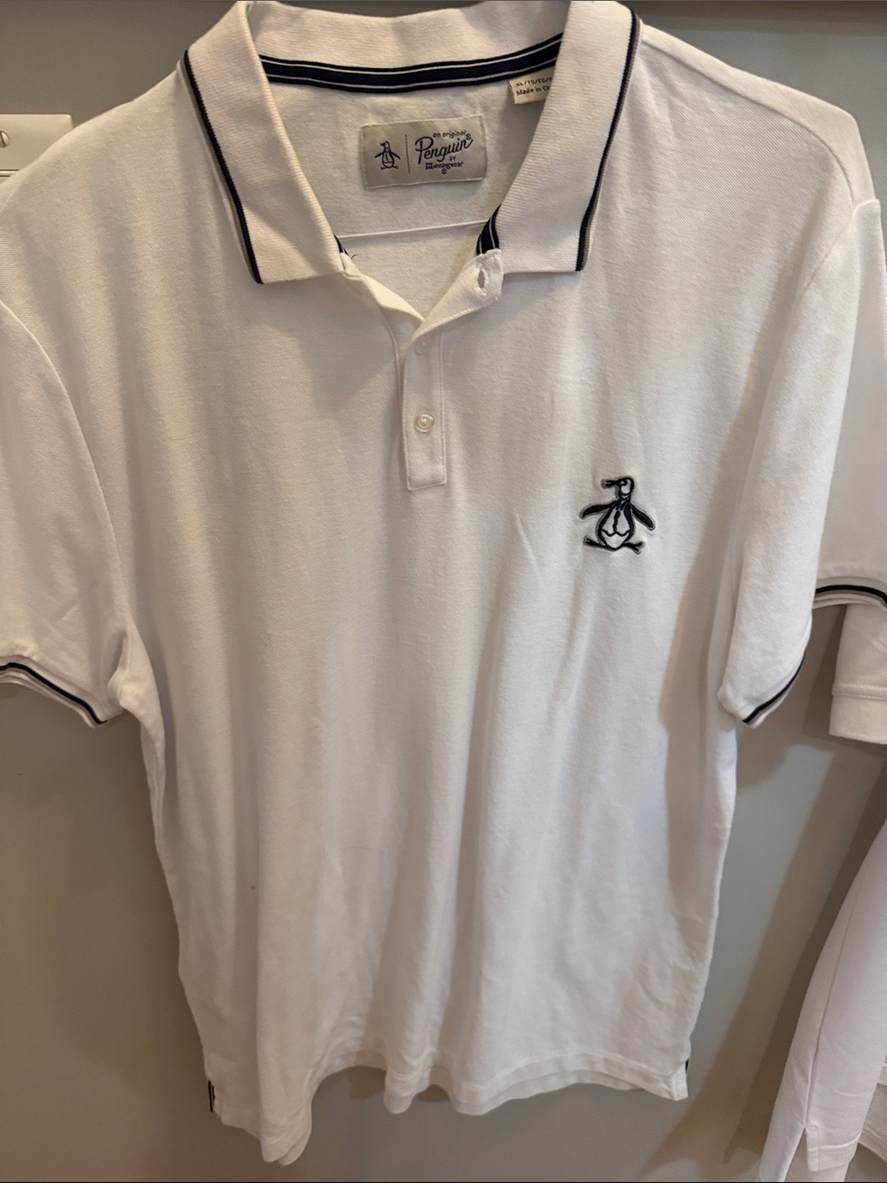 Original Penguin White Polo with Navy Trim and Embroidered Logo